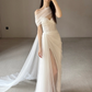 Elegant A Line Sweetheart Neck White Tulle Long Wedding Dress with Slit  SH5098