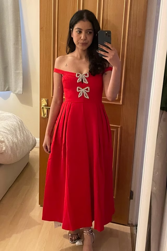 Red A Line Off the Shoulder Rhinestone Bow Satin Prom Dress Evening Dress SH1744