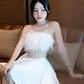 Cute White A Line Strapless Corset Feather Satin Short Homecoming Dress Cocktail Dress SH3303