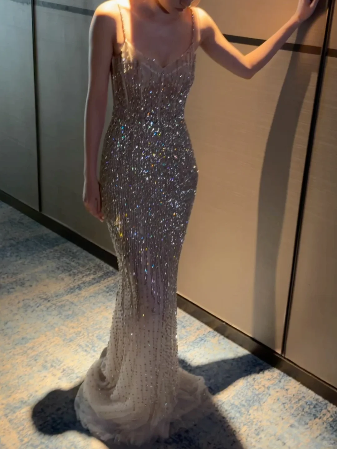 Stunning Sheath Spaghetti Strap Shiny Rhinestone Tulle Prom Dress Evening Dress SH7719