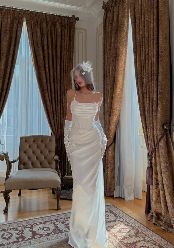 Elegant White Sheath Spaghetti Strap Satin Long Evening Dress Prom Dress SH4829