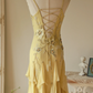 Yellow Mermaid Spaghetti Strap Embroidered Beaded Ruffle Chiffon Prom Dress Formal Dress SH3881