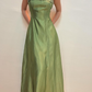 Vintage A Line Spaghetti Strap Beaded Green Satin Prom Dress Evening Dress SH2143