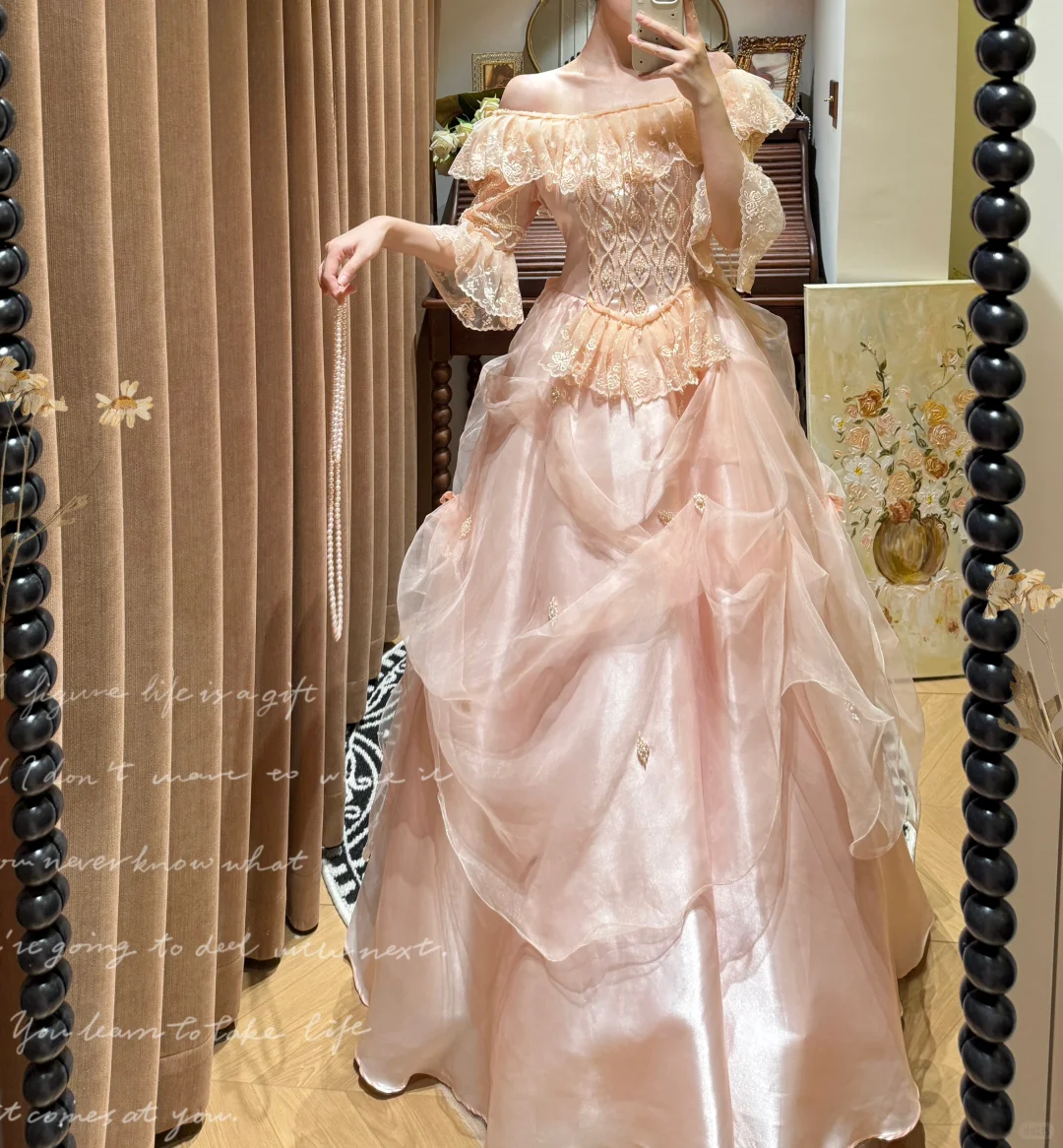 Vintage Light Pink Ball Gown Sleeve Lace Organza Satin Prom Dresses 18th Birthday Dresses SH4642