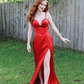 Charming Sheath Spaghetti Strap Rhinestone Red Satin Long Evening Dresses Party Dresses with Slit SH2676