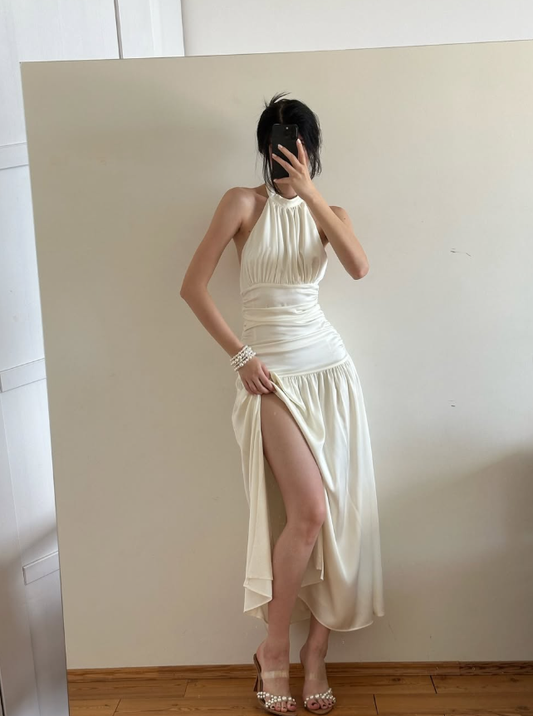 Simple Ivory A Line Halter Pleated Satin Slit Open Back Evening Dress Party Dress SH3957