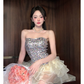 Shiny A Line Strapless Sequin Layered Organza Short Homecoming Dress Outfits SH5825