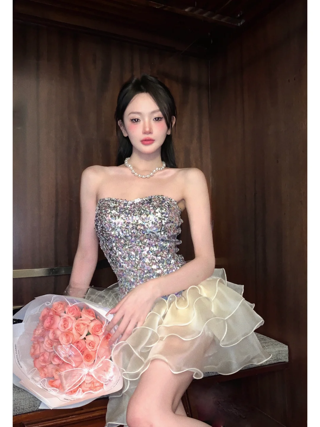 Shiny A Line Strapless Sequin Layered Organza Short Homecoming Dress Outfits SH5825