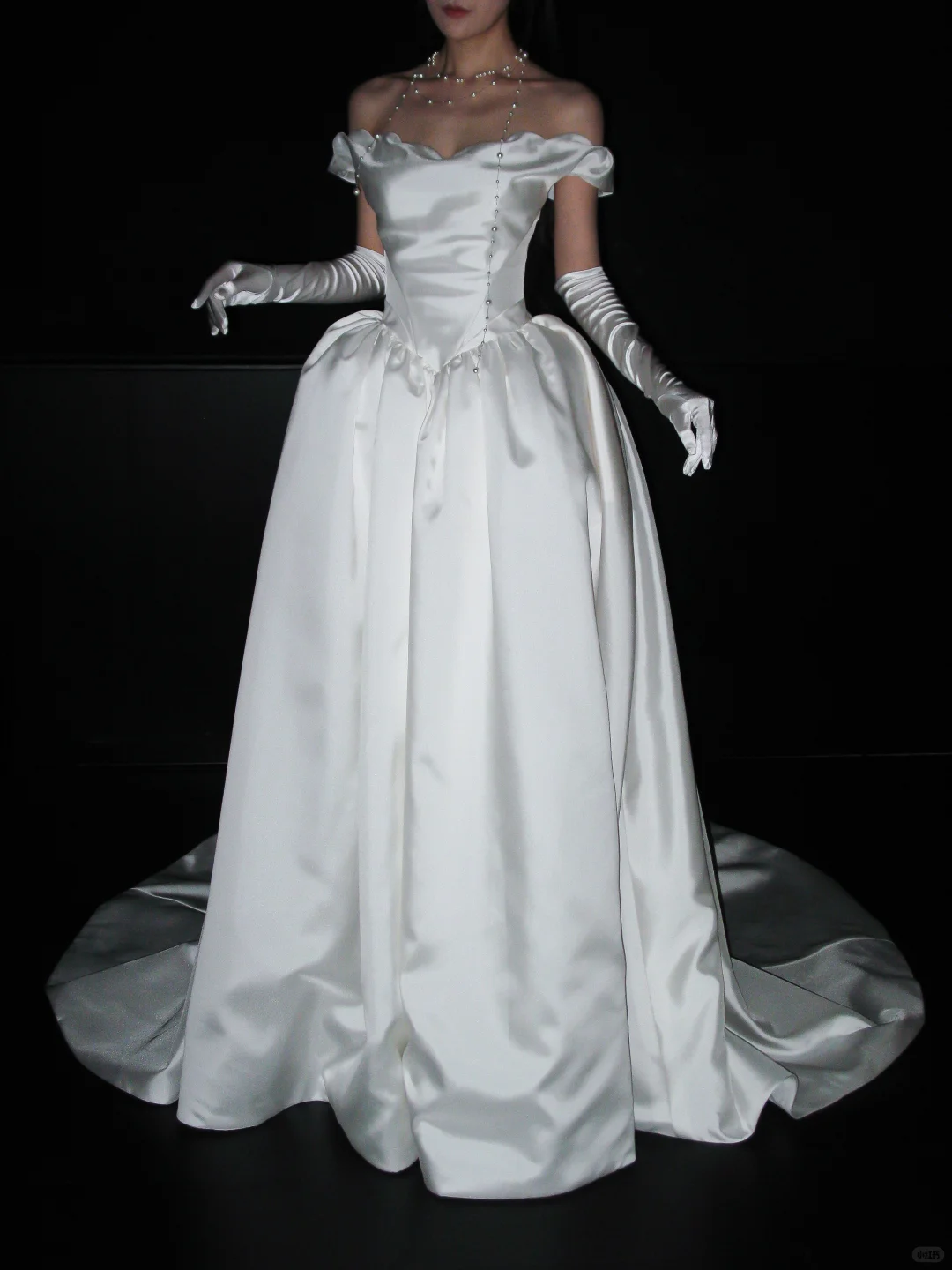 Chic Ball Gown Off the Shoulder White Satin Long Train Wedding Dress SH8901