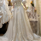 Glamorous Retro Ball Gown Puff Sleeve Beaded Satin Wedding Dress Prom Dress SH5885