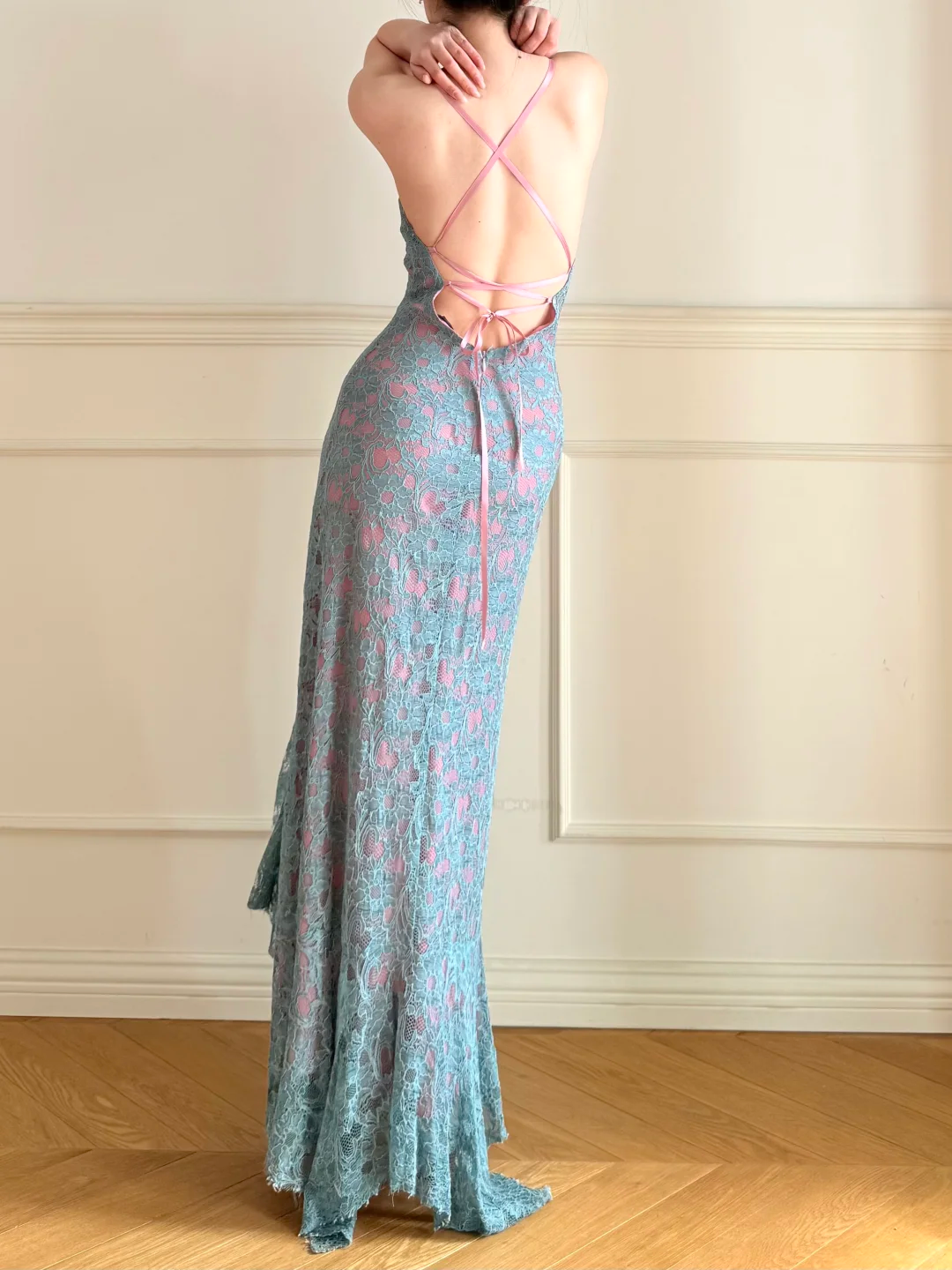 Sexy Mermaid Straps Blue Lace Pink Chiffon Long Prom Dress Wedding Guest Dress SH5504