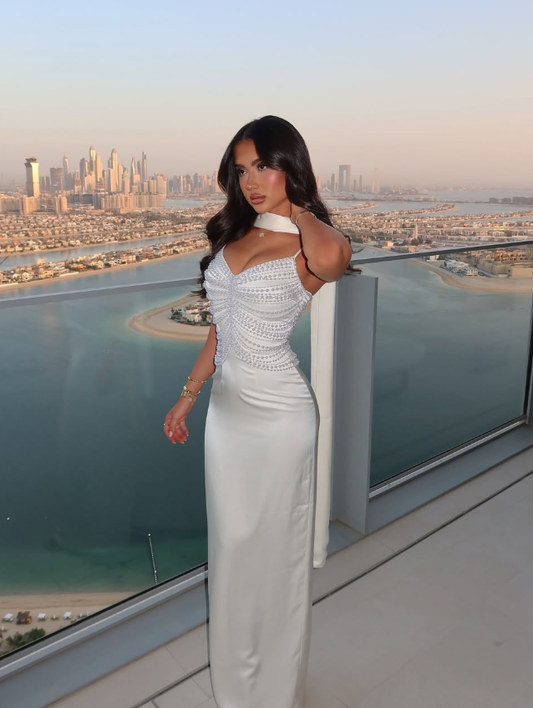 Elegant Sheath Spaghetti Strap Pearl White Satin Party Dress Evening Dress SH3223