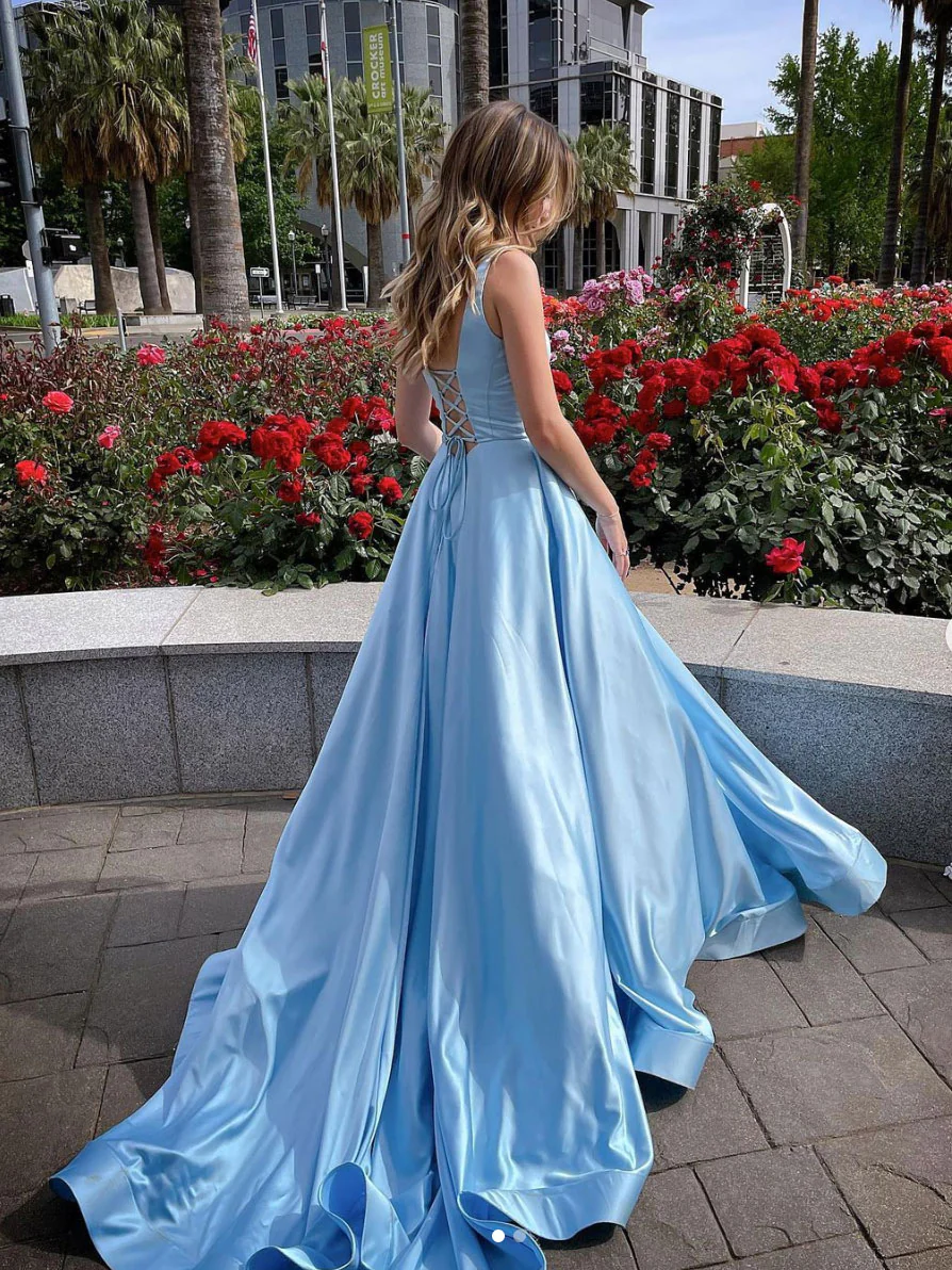 Light Blue Satin Long Prom Dress SH645