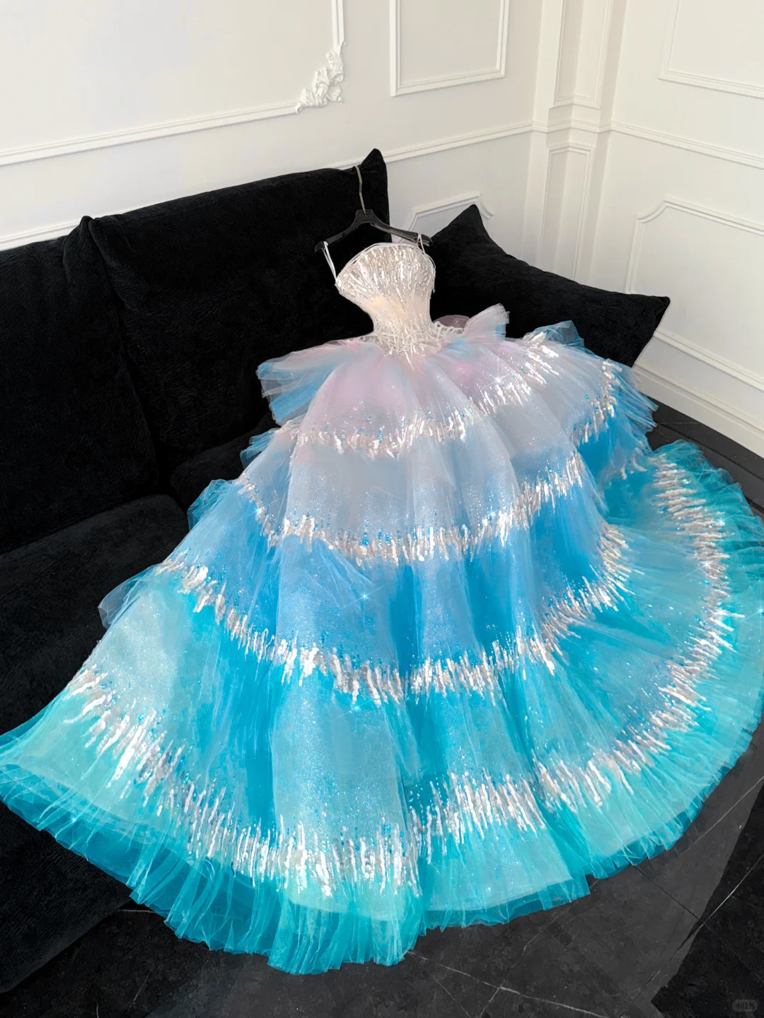 Blue Ombre A Line Strapless Silver Sequin Tulle Long Prom Dress Party Dress SH3417