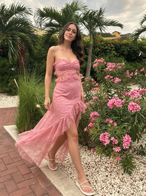 Sexy Strapless Lace Ruffle Prom Dress Long Party Dress SH816