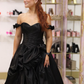 Cute Black A Line Off the Shoulder Pleated Satin Long Prom Dress Evening Dress SH6812