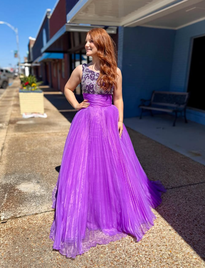 Beautiful A Line One Shoulder Beaded Purple Tulle Long Prom Dress Evening Dress SH7234