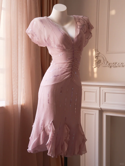 Vintage Sheath V Neck Beaded Sequin Chiffon Short Homecoming Dress SH5179