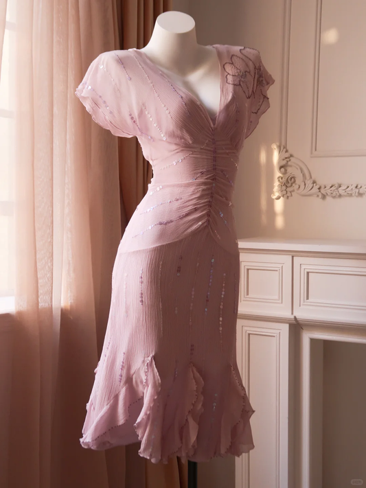 Vintage Sheath V Neck Beaded Sequin Chiffon Short Homecoming Dress SH5179