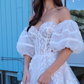 Sweety Ball Gown Puff Sleeve Appliques Tulle Long Wedding Dress SH7115