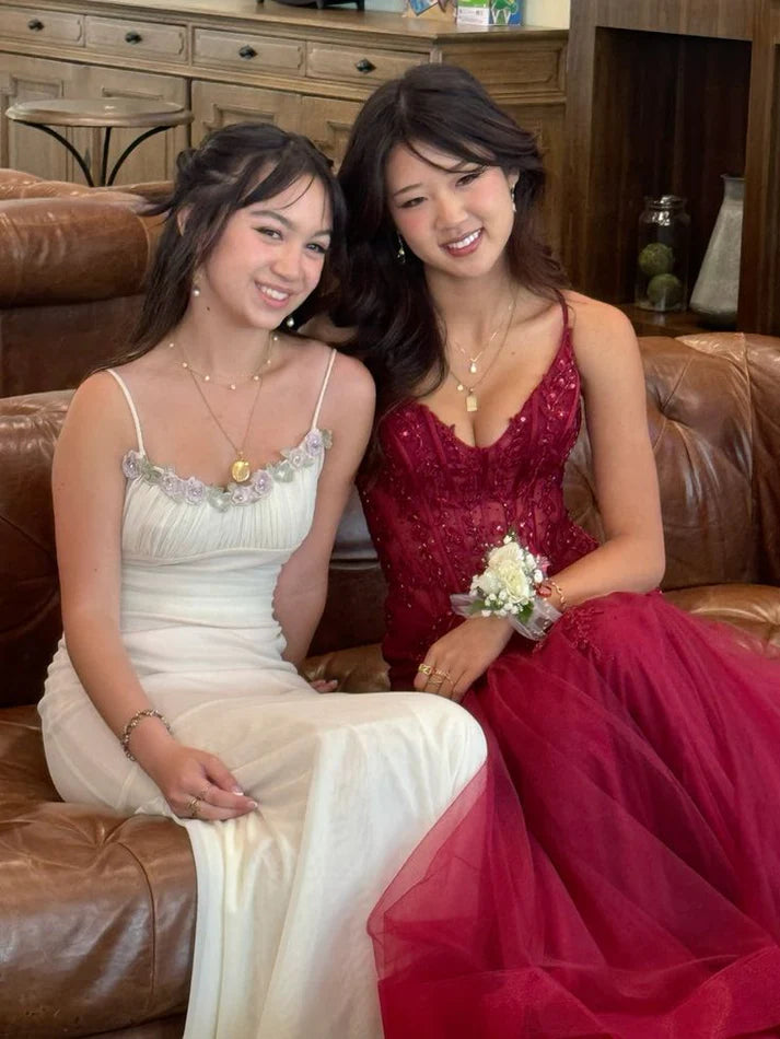 Modest Mermaid Spaghetti Straps Burgundy Lace Tulle Prom Dresses Inspiration Prom Dress Princess Graduation Dress SH6413