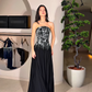 Stunning Beading A Line Strapless Black Satin Long Prom Dress Evening Dress SH6747