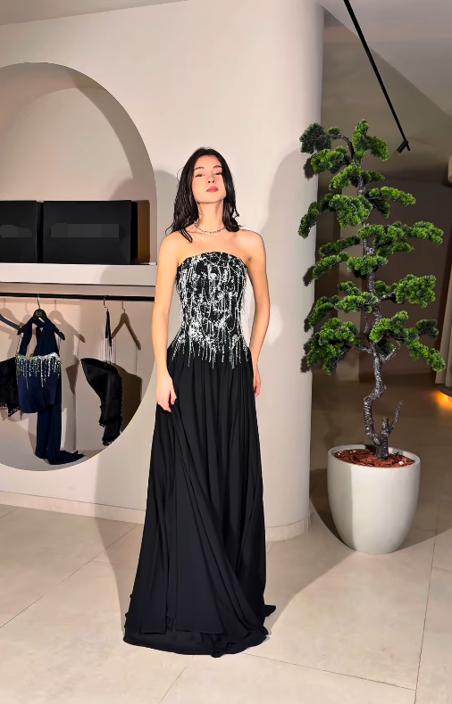 Stunning Beading A Line Strapless Black Satin Long Prom Dress Evening Dress SH6747