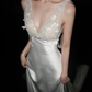Romantic A Line V Neck 3D Floral Satin Tulle Long Wedding Dress SH5967