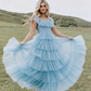 Fairy Sky Blue Sequare Neck Tiered Tulle Evening Dress Long Prom Dress SH1053