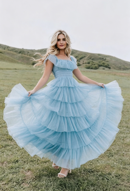 Fairy Sky Blue Sequare Neck Tiered Tulle Evening Dress Long Prom Dress SH1053