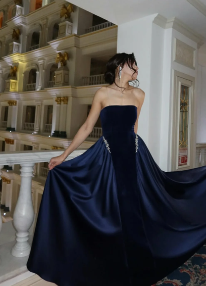 Pretty Navy Blue A Line Strapless Beaded Velvet Satin Long Prom Dress Wedding Guest Dress SH5406