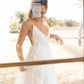 Elegant A Line Spaghetti Strap Appliques Tulle Long Sweep Open Back Wedding Dress SH2284