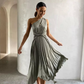 Elegant A Line One Shoulder Pleated Sage Green Satin Bridesmaid Dress Evening Dress SH3056