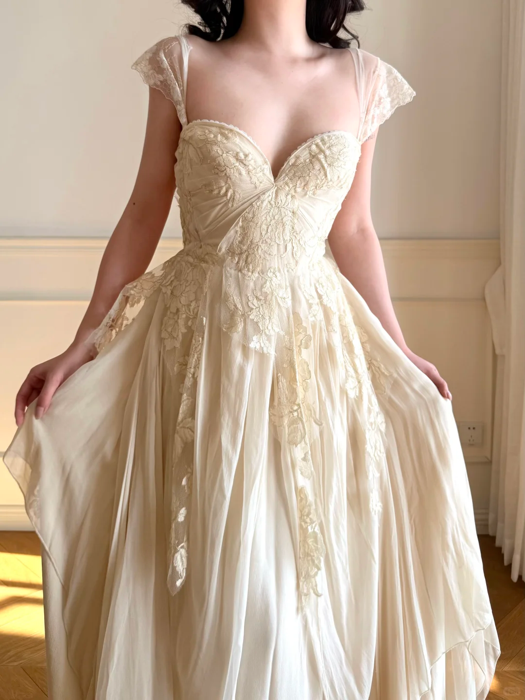 Vintage Sweety A Line Straps Apricot Lace Chiffon Wedding Guest Dress Prom Dress SH5441