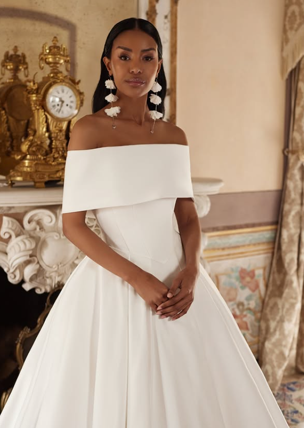 Simple A Line Off the Shoulder White Satin Wedding Dress SH6023