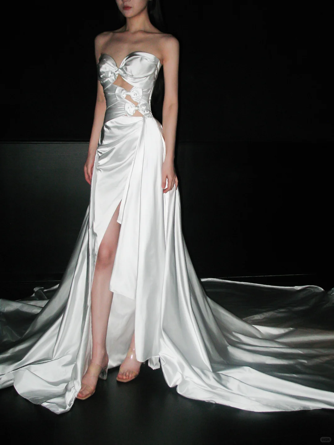 Cute A Line Sweetheart Neck Bow White Satin Slit Wedding Dress SH5867