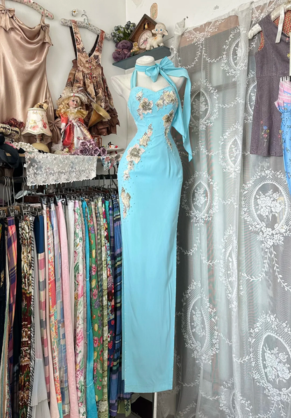 Blue Vintage Sheath Halter Sequin Beaded Chiffon Graduation Prom Dress SH5374