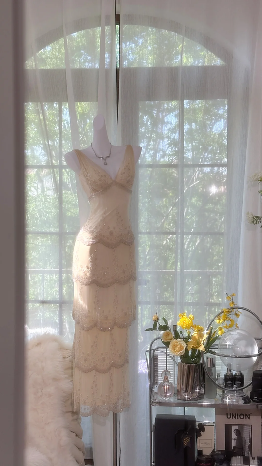 Charming Sheath V Neck Layered Appliques Ivory Chiffon Party Dress Evening Dress SH2965