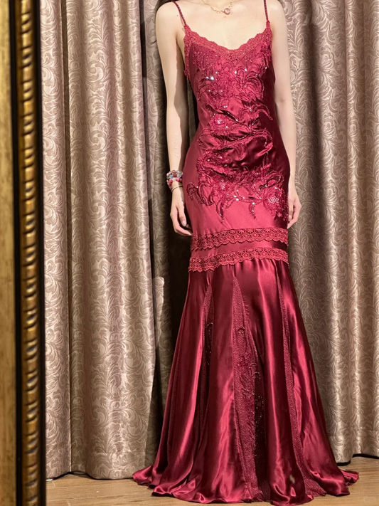 Vintage Red Mermaid Spaghetti Straps Embroidered Beaded Satin Graduation Prom Dress SH5263