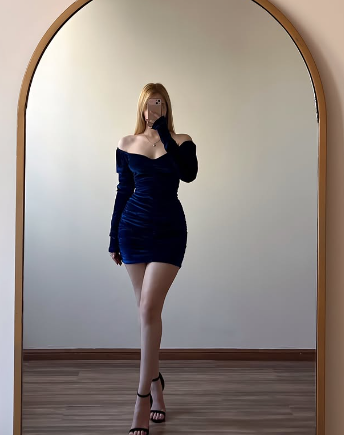 Navy Blue Sheath Long Sleeve Velvet Short Prom Dress Homecoming Dress SH9062
