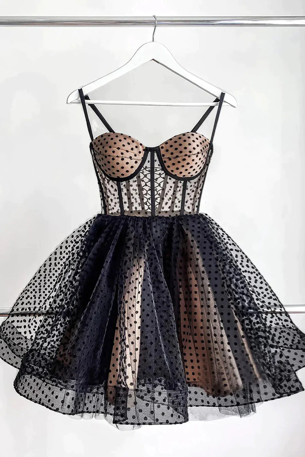 Black Dots Tulle Straps Homecoming Dress SH575