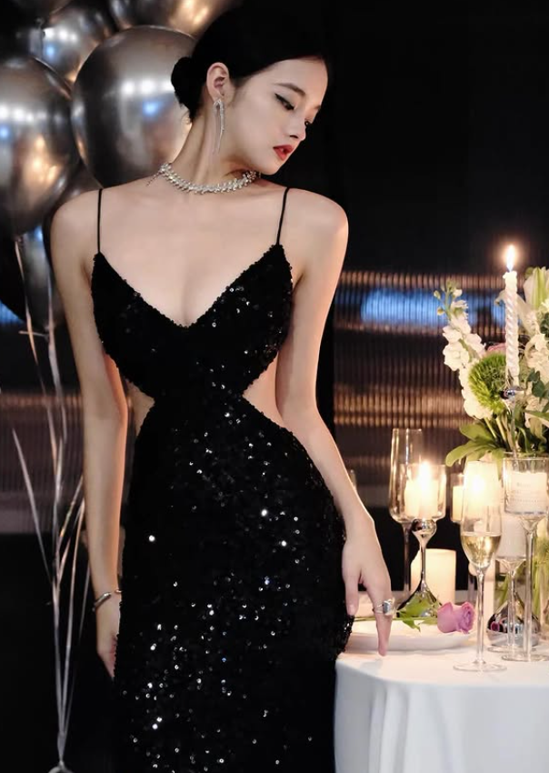 Sexy Black Sheath Straps Sequin Open Back Prom Dress Evening Dress Date Dress SH5648
