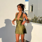 Simple Olive Green A Line Halter Satin Backless Short Homecoming Dress Outfits SH5805