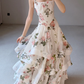 Gentle A Line Straps Print Layered White Chiffon Long Prom Dress Evening Dress SH7702