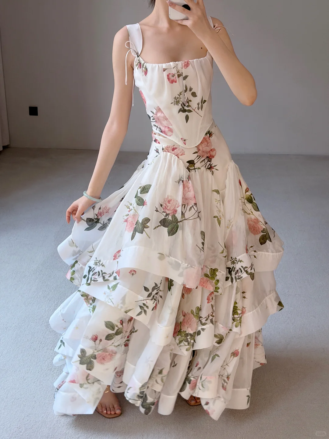 Gentle A Line Straps Print Layered White Chiffon Long Prom Dress Evening Dress SH7702