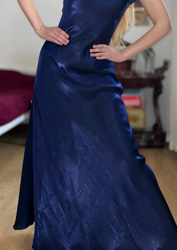 Dazzling Navy Blue A Line Straps Floral Satin Prom Dress Evening Dress Date Dress SH5638