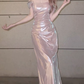 Romantic Light Pink Mermaid Satin Graduation Ball Gown 18th Birthday Dress with Slit SH4990