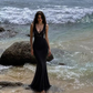 Sexy Black Mermaid V Neck Lace Satin Prom Dress Evening Dress SH8570