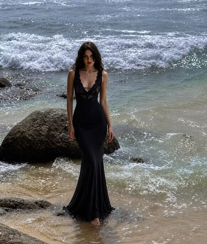 Sexy Black Mermaid V Neck Lace Satin Prom Dress Evening Dress SH8570