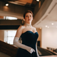 Elegant A Line Strapless Navy Blue Velvet Prom Dress SH5517